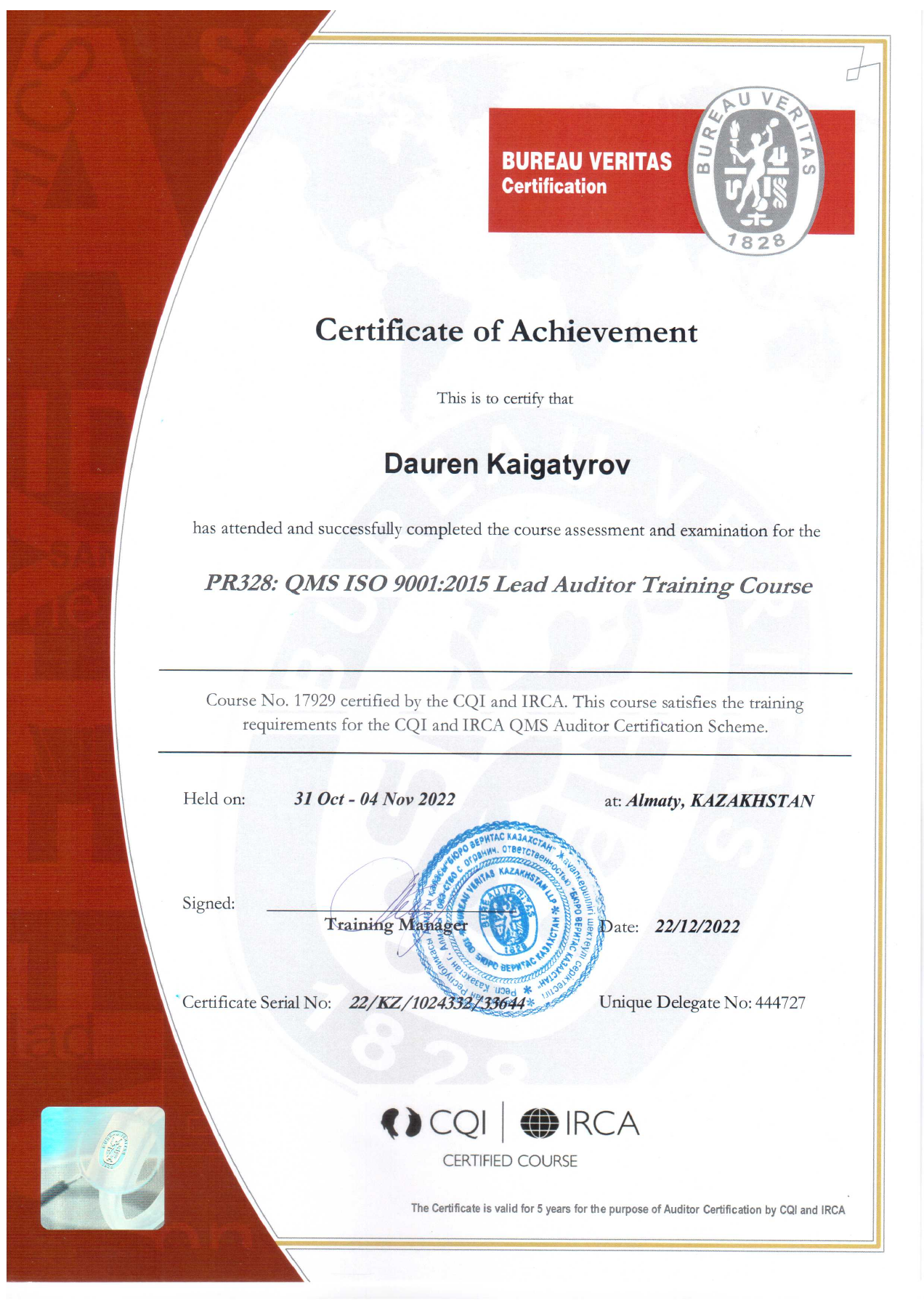 Сертификат Bureau Veritas: Dauren Kaigatyrov, ISO 9001:2015 Lead Auditor Training Course